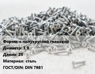 Шуруп с полукруглой головкой 3.9х25 сталь ГОСТ: DIN 7981